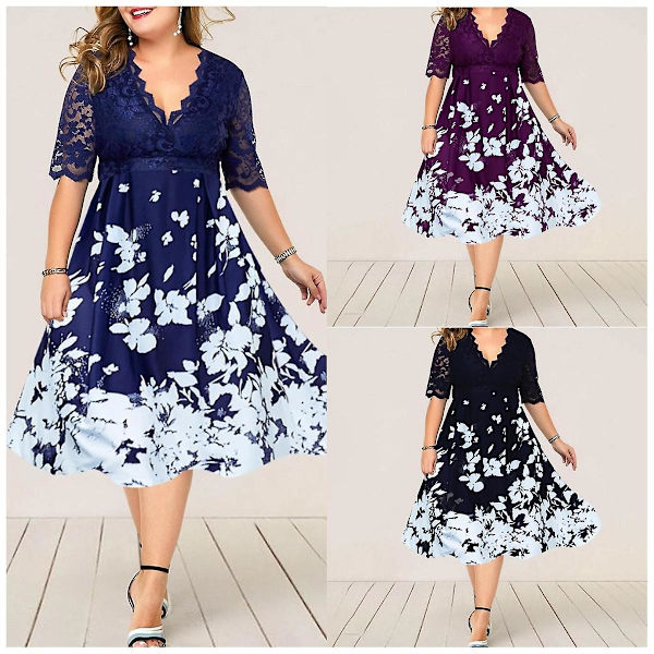 Linje Plus Size Klänning Vem Spets BLUE L