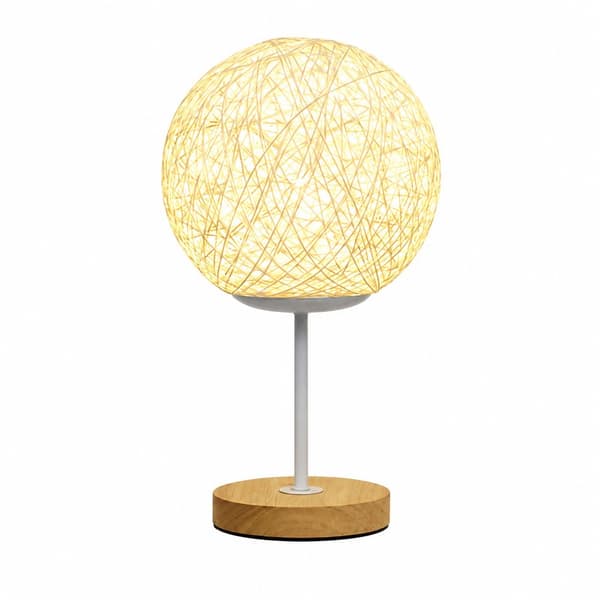 Bordslampa i bambu, USB-laddning, LED-nattlampa i rottingbollsform, gräddvit, 20 cm för sovrum