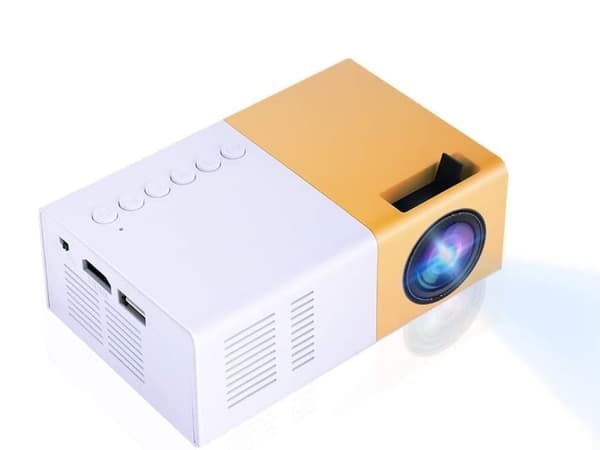 Mini bärbar projektor, vit/gul, 320x240, LED, HDMI, AV, SD, hemmabio
