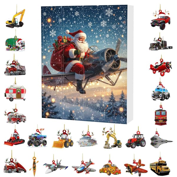 Julkalender 2025, 24-dagars nedräkning med tomtefordon, akryl, stil A