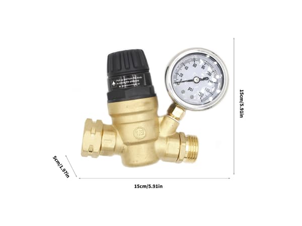Messing RV vandtryksregulator med justerbart håndhjul og manometer, 0-160 PSI flowkontrolventil til autocamper trailer