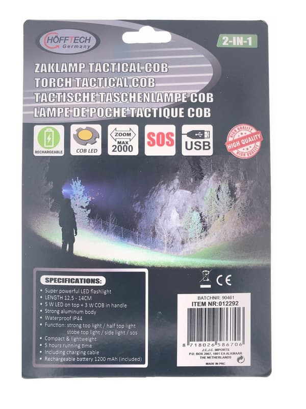 Taktinen taskulamppu 5W LED + 3W COB, ladattava, 1200mAh, 5 tilaa, USB-C