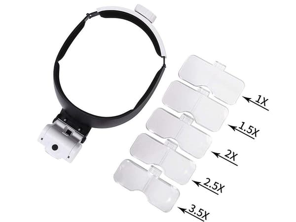 LED-hodelupe med 5 utskiftbare linser, 1x-3,5x, håndfri, for smykker, elektronikkreparasjon