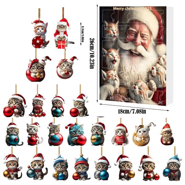 Katt julekalender, 24-dagers nedtelling, akryl kattungepynt til tre, bilspeil, veggdekor Model A