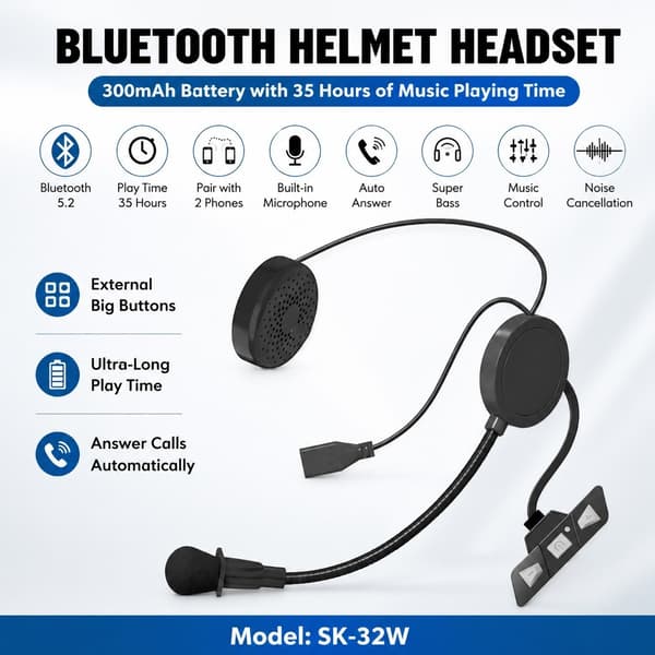 Motorcykelhjelm Bluetooth Headset 5.2, Sort, 35 timers spilletid, Automatisk svar, Vandtæt