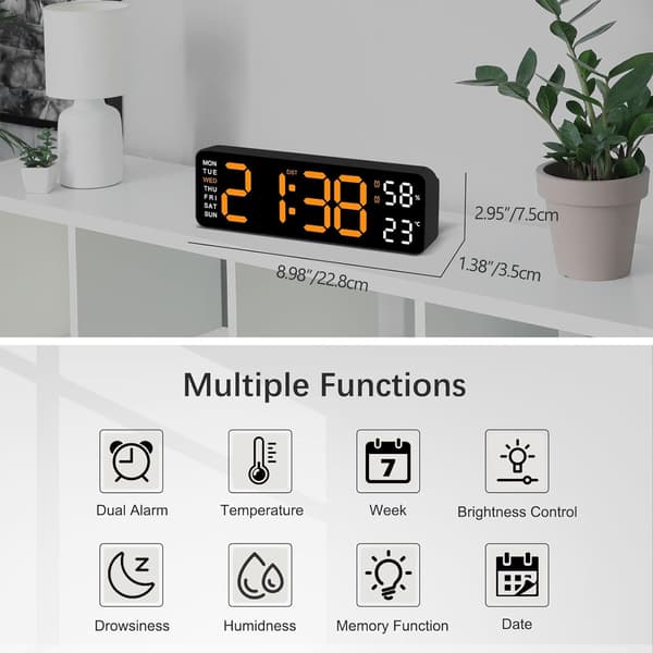 Digital väckarklocka 9,5\" stor LED-display, minnesbackup, hem, orange