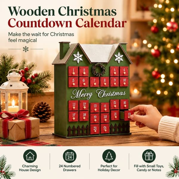 Nedtellingkalender i tre til jul, 24-dagers adventsboks i husform, rød, borddekorasjon