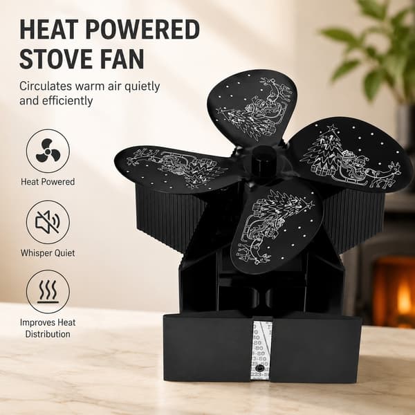 Varmedrevet Pejsventilator, 4 Blade, Julemandsmønster, Sort, til Varmefordeling