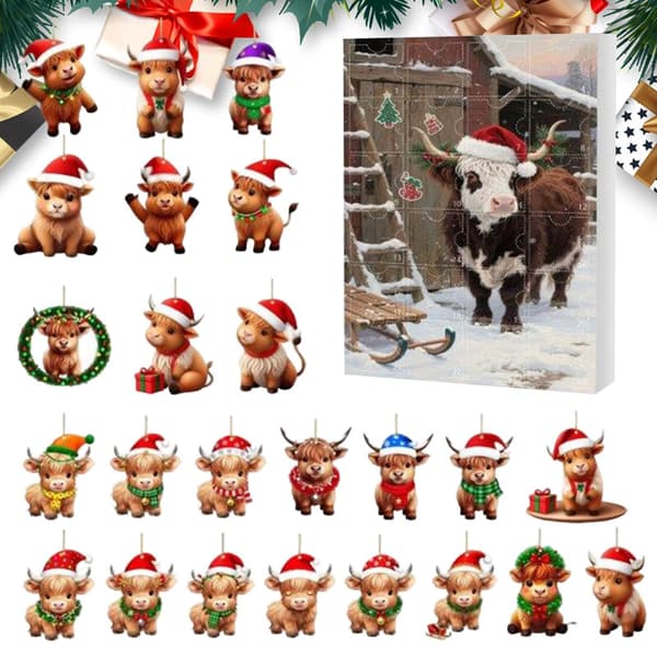 Julekalender med Highland-ku, 2D akryl, 24 dagers nedtelling, festdekorasjon K