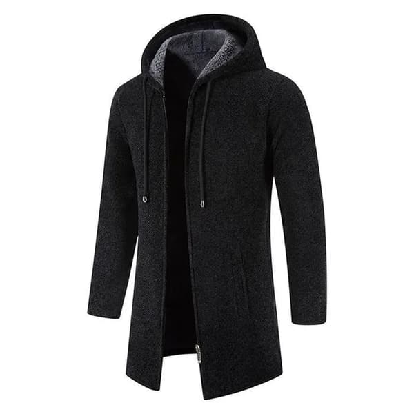 Lang hættecardiganvest med lynlås til mænd, tyk fleece vintertrøjejakke, sort