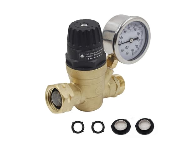 Messing RV vandtryksregulator med justerbart håndhjul og manometer, 0-160 PSI flowkontrolventil til autocamper trailer