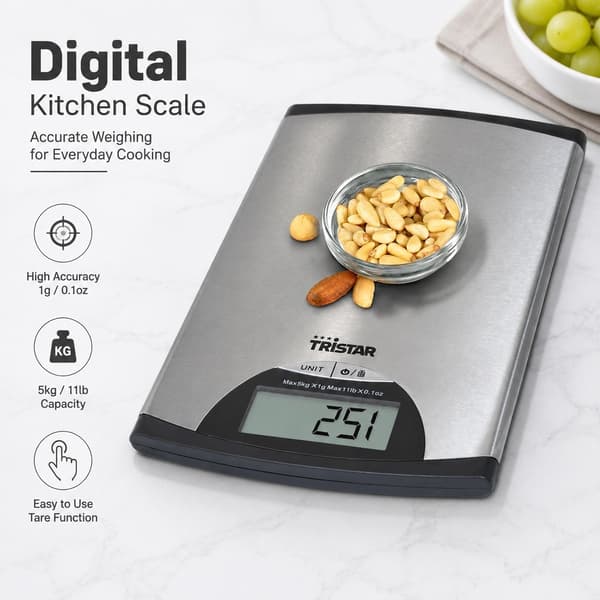 Digital köksvåg 5 kg, rostfritt stål, hög precision 1 g, multifunktionell, batteridriven