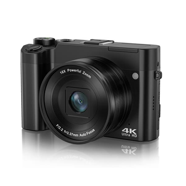 4K 64MP digitalkamera med front- og bakkamera, 32 GB minnekort, svart