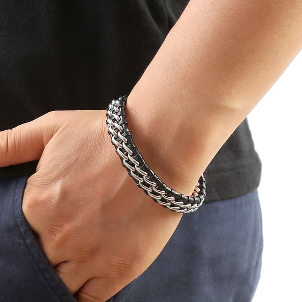 Flettet PU Læderarmbånd, Sort & Hvid, Rustfrit Stål, Unisex Stil