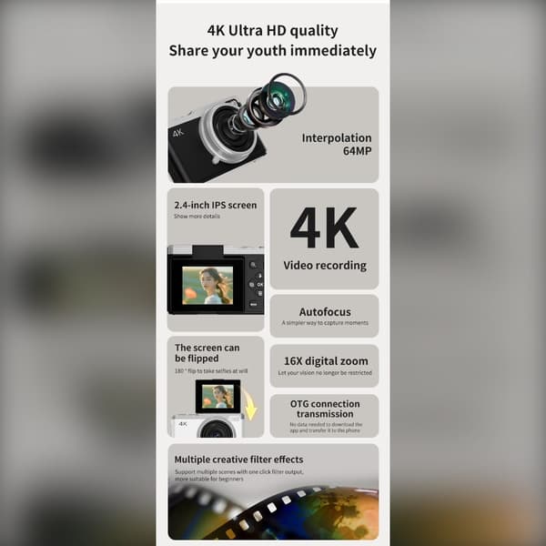 64 MP digitalkamera, 4K-video, 16x zoom, CCD-sensor, 2,4\" IPS-skjerm, 180° roterende objektiv, hvit