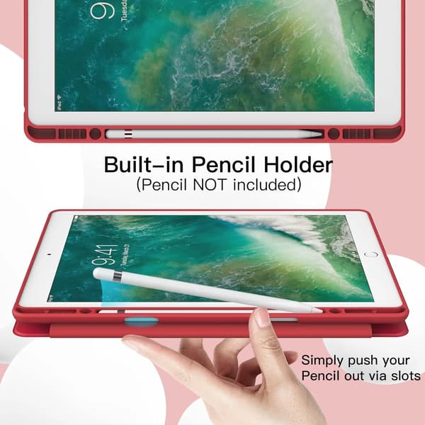 Rødt slankt etui til iPad Pro 12.9\" 1. / 2. generasjon (2015/2017) med blyantholder, TPU-bakside, magnetisk smartdeksel