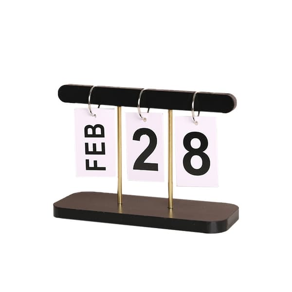 Evighetskalender i tre, svart, minimalistisk skrivebordsklokke, hjemmekontorinnredning