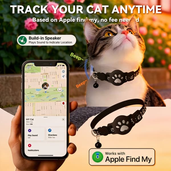 Vandtæt kattehalsbånd med trackerholder, reflekterende, justerbart, sikkert breakaway, til Apple Find My, sort