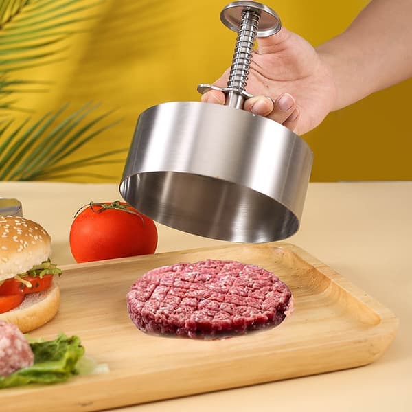 Hamburgerpress i rostfritt stål, silver, 304 rostfri, 14,5x11,3 cm, för grillpicknick