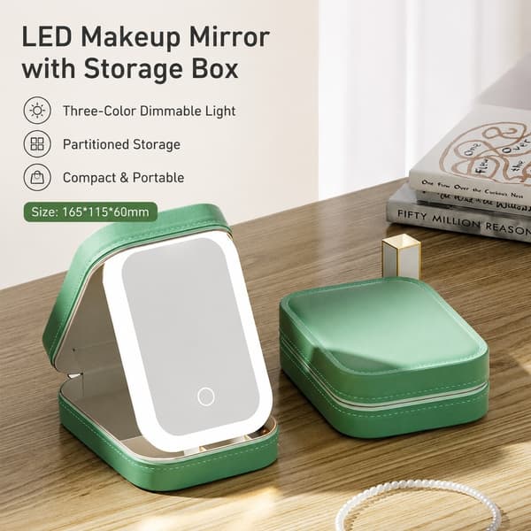 LED Makeup Spejl med Lys, Sort Opbevaringsboks, Dobbeltlag, Bærbart, Firkantet
