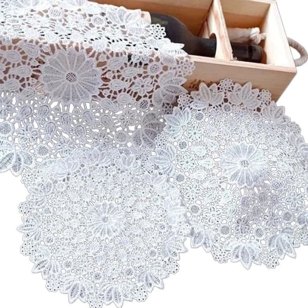 Rund spetsunderlägg 35 cm, vit, ihålig design, tvättbar, för soffbordsdekor