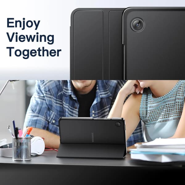 Slankt tabletcover til Samsung Galaxy Tab A11/A9 8.7 tommer, hårdt PC-bagside + blødt PU-cover, tredobbelt stativ, sort