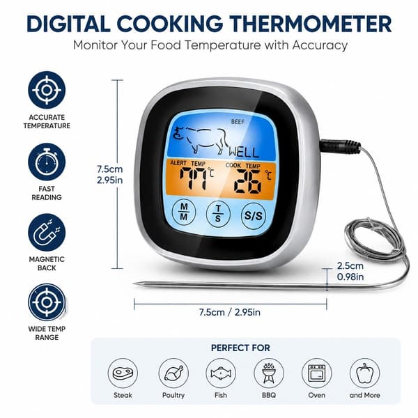 Digitalt køkkentermometer til kødgrillning, -50°C til 300°C, rustfri stålsonde, timer