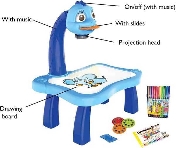 Barnas projeksjonstegnebord med musikk, blå, pedagogisk kunstleketøy for barn
