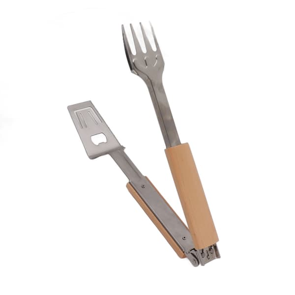 Grillspatel, gaffel og tangsæt i rustfrit stål, langt håndtag, multifunktionel grilltang til camping