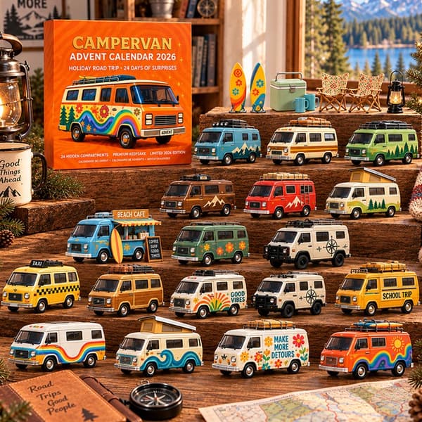 Julkalender med 24 minibilar, Hippie Camper husbil 3D-blindbox, PVC, 28x22x3,5 cm