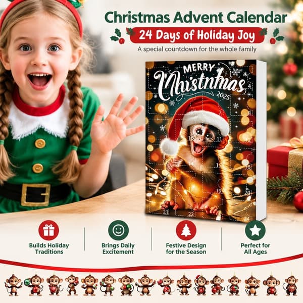 Adventskalender i akryl med juletrepynt, apetre, 2D, 2025, stil E