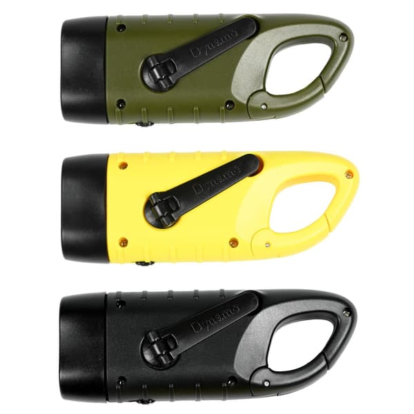 3 LED lommelygte med karabinhage, sol- og dynamodrevet, kompakt campinglampe