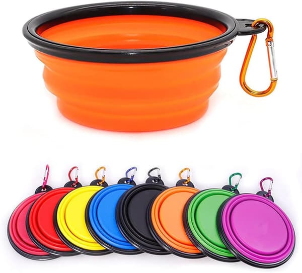 Sammenklappelig bærbar hundeskål til katte og hunde, foder- og vandskål til kæledyr med karabinhage Orange Medium(650ML)