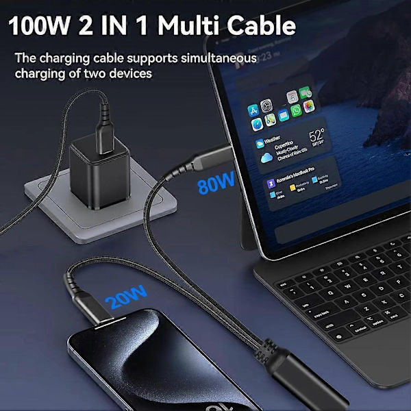 2-in-1 USB C - USB C -kaapeli PD 100W Max pikalatauskaapeli iPhone-sarjan MacBook-datakaapelille