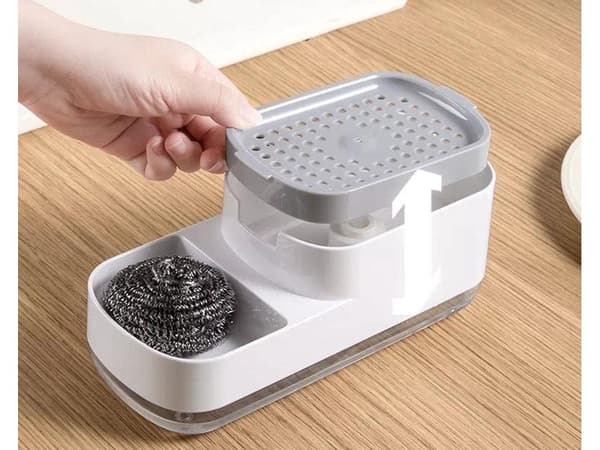 Diskmedelsdispenser för diskho, med svamphållare, plast, enkel att rengöra
