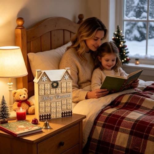 Julkalender i trä, 24-dagars adventslåda i husform, naturligt trä, bordsdekoration