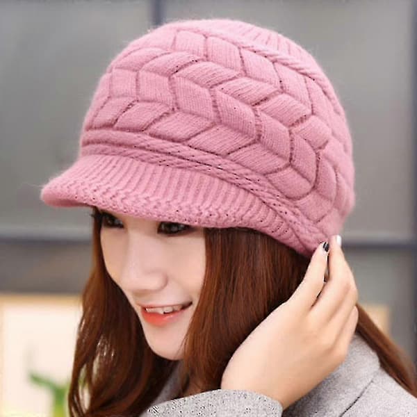 Virkmössa för kvinnor, stickad fleece Baker Boy Peaked Beanie Vintermössa Rose Red