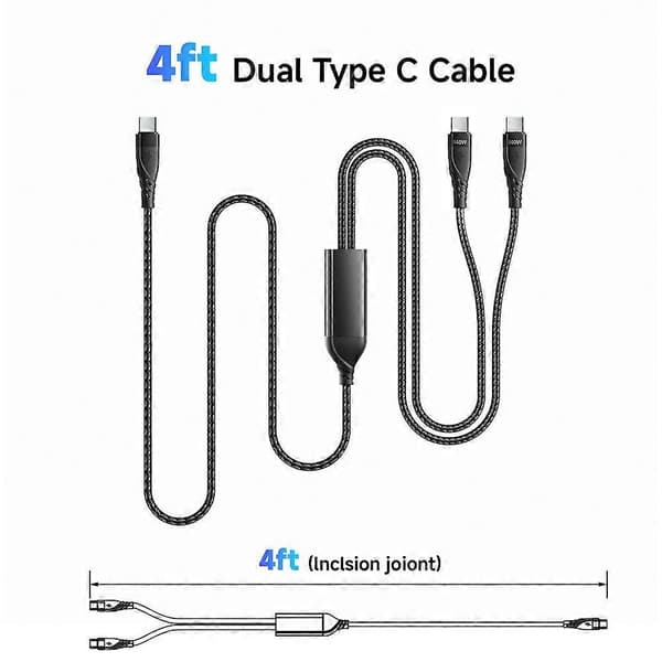 2 i 1 USB C-kabel Max PD 140W snabbladdningskabel USB C till dubbel USB-C datakabel för iPhone Huawei MacBook PC Laptop
