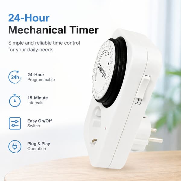 Mekanisk Timer 24H, 16A 230V, 15-minutersintervall, På/Av-brytare, Inomhus
