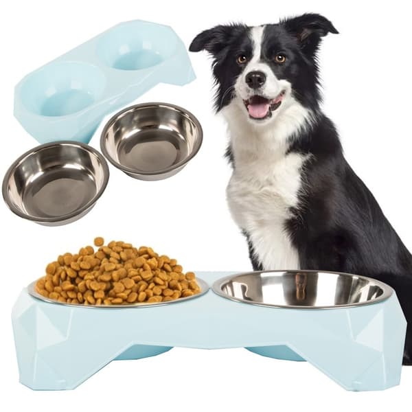 Dobbelt kæledyrsskål, 2x350 ml, rustfrit stål, spildfri, plastbase, hund & kat