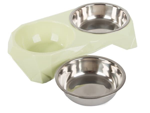 Dobbelt kæledyrsskål, 2x350 ml, rustfrit stål, spildfri, plastbase, hund & kat