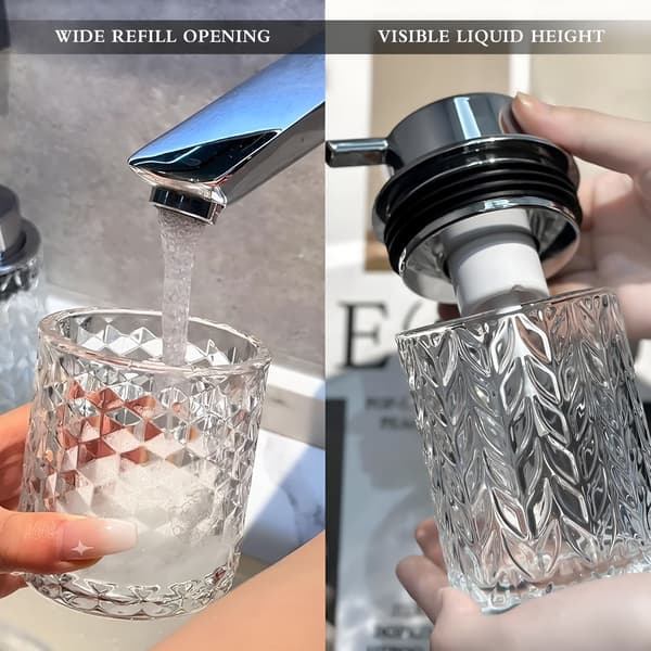 Skummande Tvålpump i Glas, Påfyllningsbar Klar Flaska med Silverpump, för Kök & Badrum