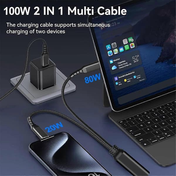 2 i 1 USB C til USB C-kabel PD 100W Max Hurtigopladningskabel