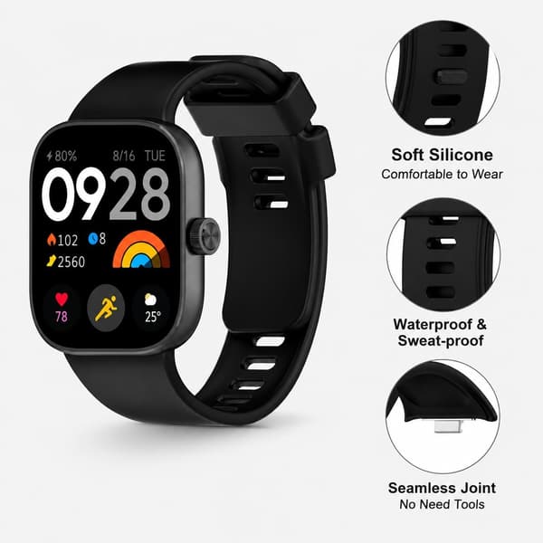 Silikone urrem til Redmi Watch 4, sort, blød behagelig erstatningsrem