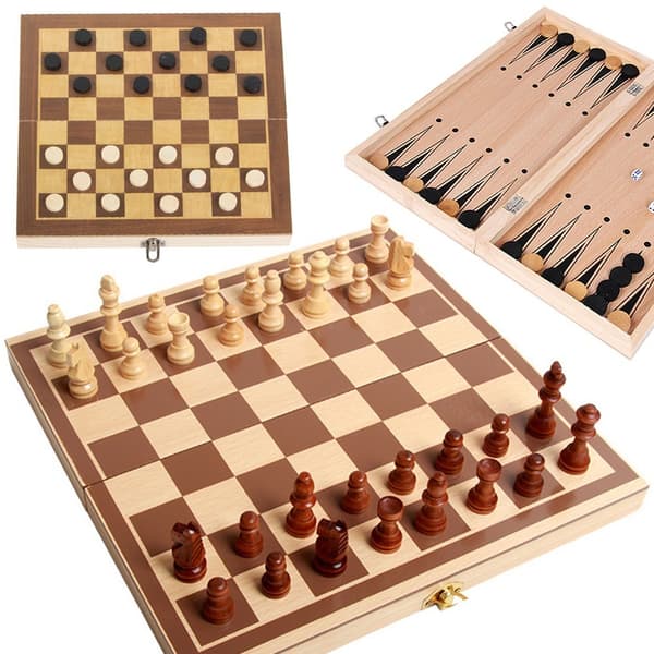 3-i-1 Skak Dam Backgammon Sæt i Træ, Klassisk Brætspil for Voksne og Børn