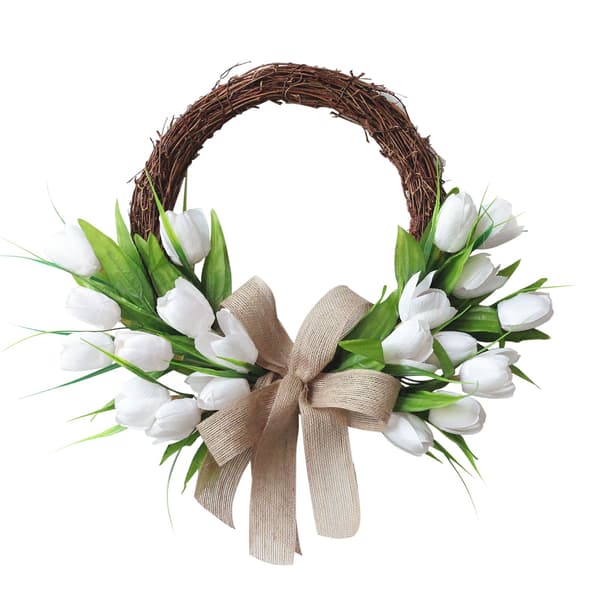 Vit tulpan sidenblomsterkrans, 40 cm diameter, för hemdörr väggdekoration