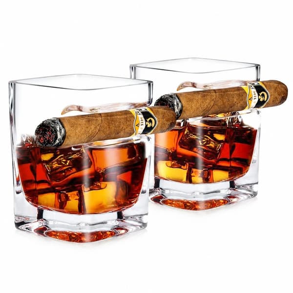 Whiskyglas set om 2, 350 ml Old Fashioned med cigarrstöd, Scotch Bourbon present till män