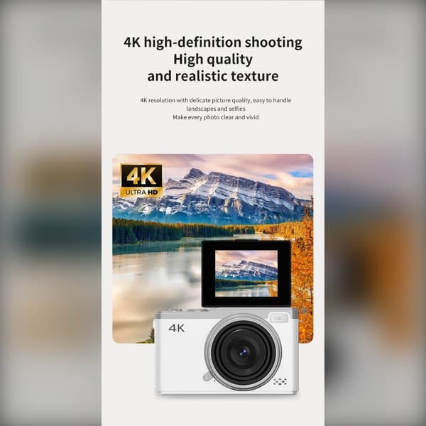 64 MP digitalkamera, 4K-video, 16x zoom, CCD-sensor, 2,4\" IPS-skjerm, 180° roterende objektiv, hvit