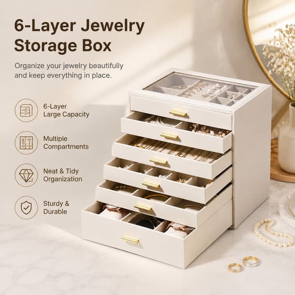 Smykkeskrin med stor kapacitet, 3 æsker 6 lag, opbevaring til øreringe, ringe, armbånd, hvid sort 3-Layer Leather White