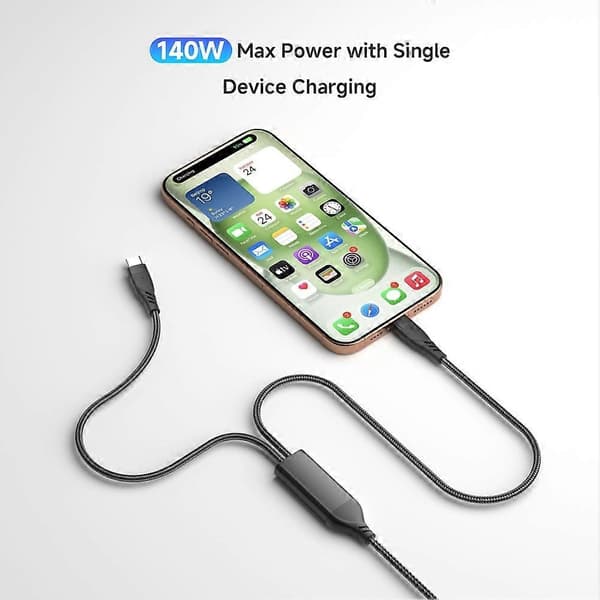 2 i 1 USB C-kabel Max PD 140W Hurtigopladningskabel USB C til Dobbelt USB-C Datakabel til iPhone Huawei MacBook PC Bærbar
